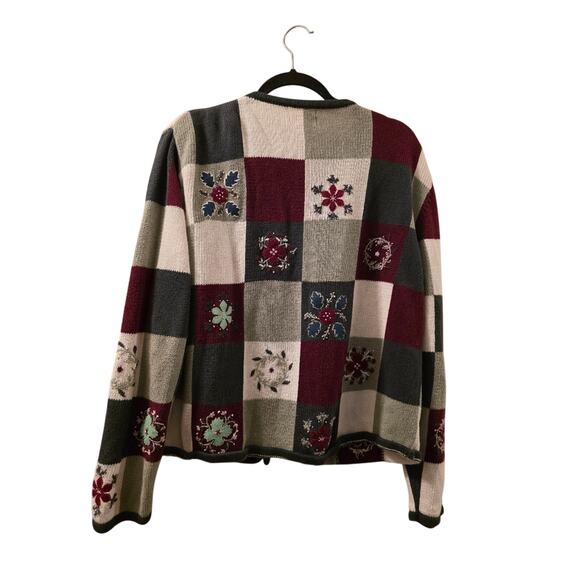 Vtg 90s Floral Hand Embroidered Knit Cardigan Sweater Womens Size XL Patchwork - Picture 2 of 8